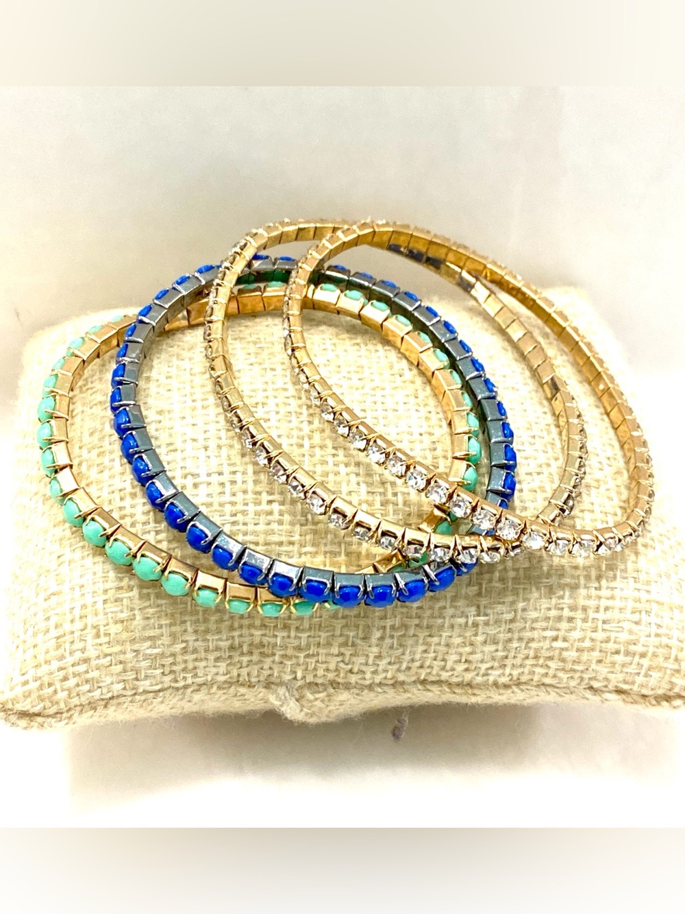 Set of 4 Vintage Gold Tone Mixed Crystal Rhinestone Cabochon Stretch Bracelets